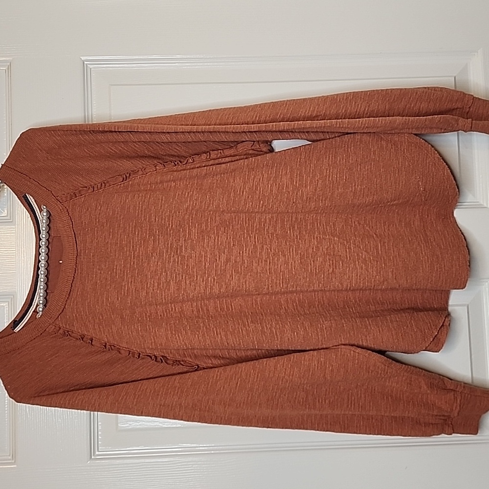 Pilcro Anthropolgie Rust Ruffled Raglan Longsleeve Crew Neck Thermal Top Flowy - Picture 2 of 9